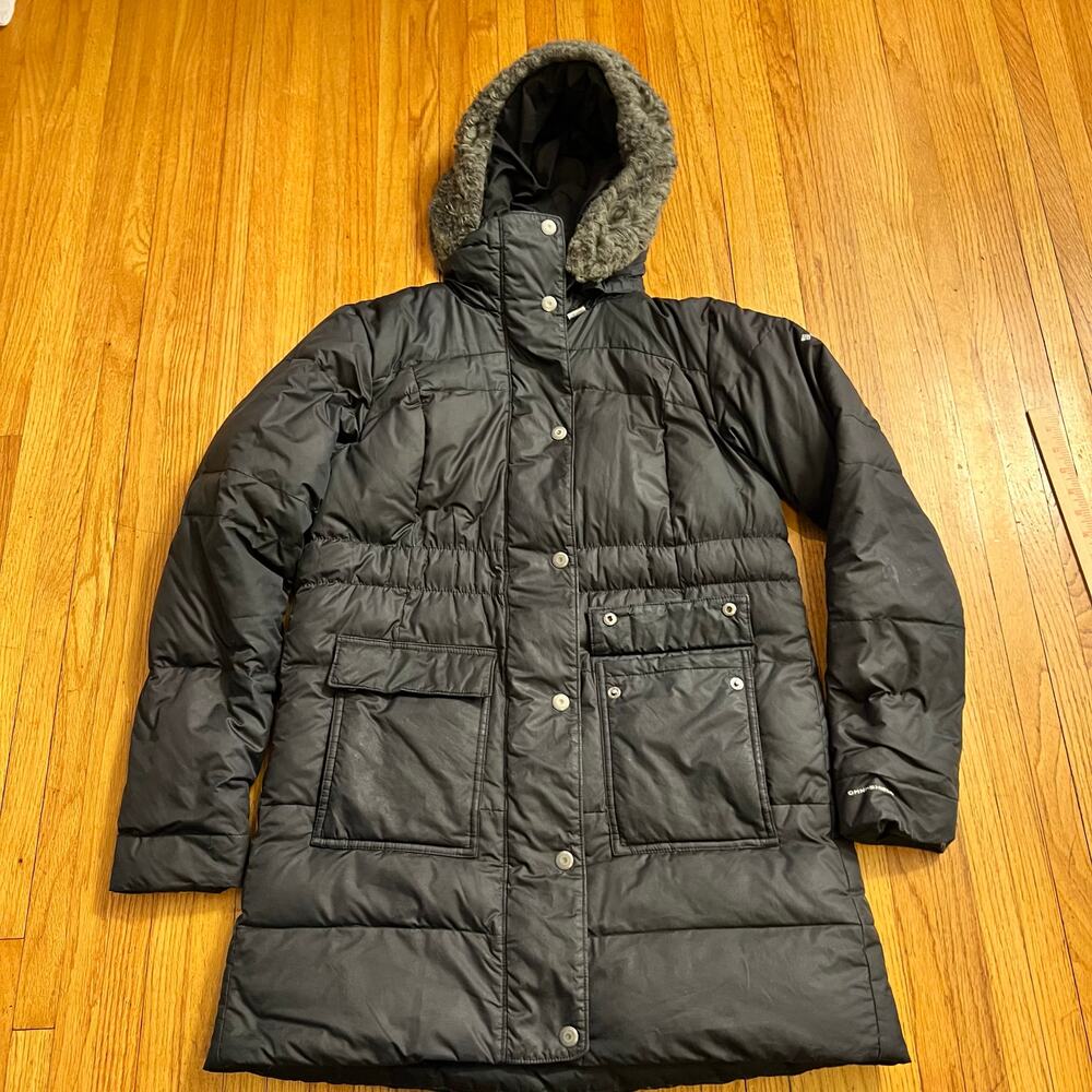 Columbia Puffer Jacket Womens Medium Black Hooded Long Down Coat **